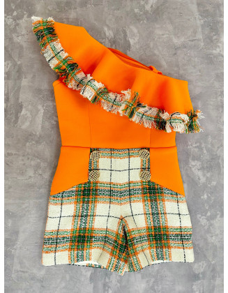 Orange and green checkered tweed girls pageant romper with ruffle/ Girls casual outfit/ Pageant casual wear/ Custom pageant outfit