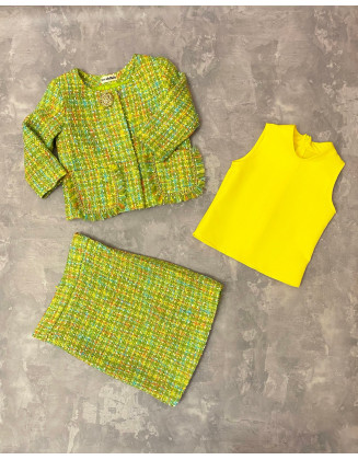 Yellow green tweed three pieces girls pageant suit with top/ Girls interview outfit/ Pageant casual wear/ Custom pageant outfit