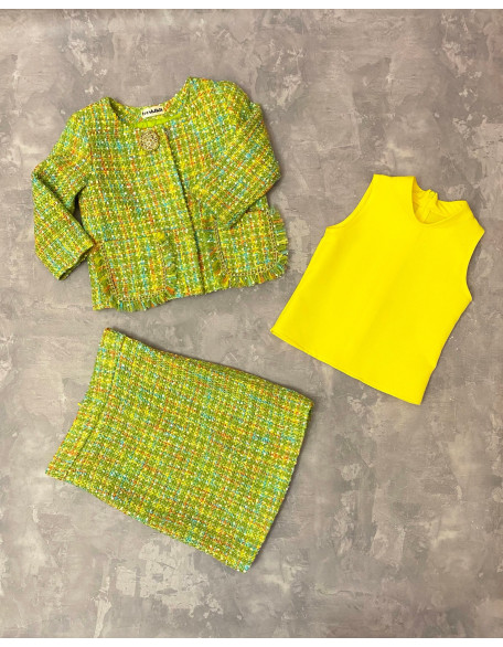 Yellow green tweed three pieces girls pageant suit with top/ Girls interview outfit/ Pageant casual wear/ Custom pageant outfit