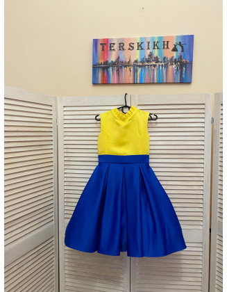 Royal Blue and yellow  pageant interview cocktail dress with ruffles/ Knee length dress/ Girl Interview outfit/ Custom pageant dresses