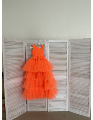 Hot orange tulle high low one shoulder girls dress/ Fun fashion dress/ Runway dress/ Custom pageant dresses