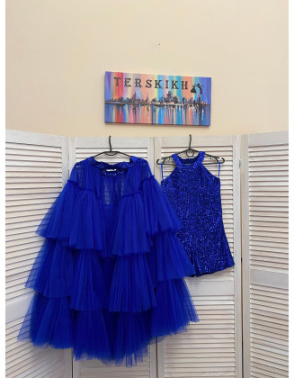 Royal blue pageant fun fashion outfit with sequins romper and tulle train/ Girls teens pageant outfit/ Runway outfit/ Custom pageant dresses