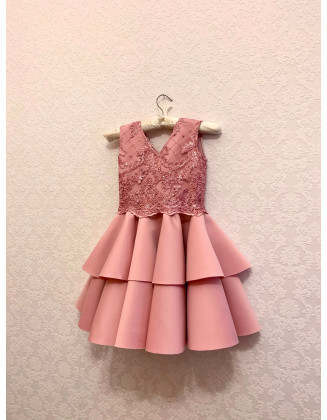 Pale pink girl neoprene scuba dress with lace/ Knee length dress/ Cocktail dress/ Teens dress/ Custom pageant outfit