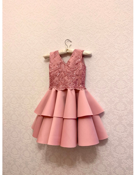 Pale pink girl neoprene scuba dress with lace/ Knee length dress/ Cocktail dress/ Teens dress/ Custom pageant outfit