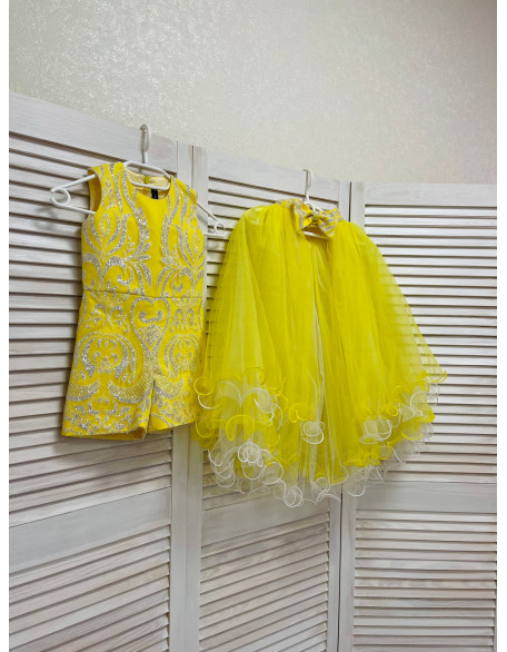 Hot yellow glitter pageant fun fashion outfit with train and romper/ Girls teens pageant outfit/ Runway jumpsuit/  Custom pageant dresses