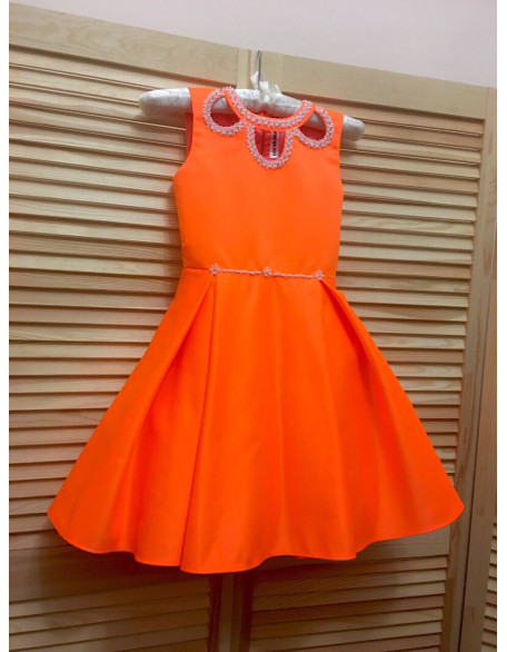 Neon orange pageant interview cocktail dress with beaded neckline/ Knee length dress/ Girl Interview outfit/ Custom pageant dresses