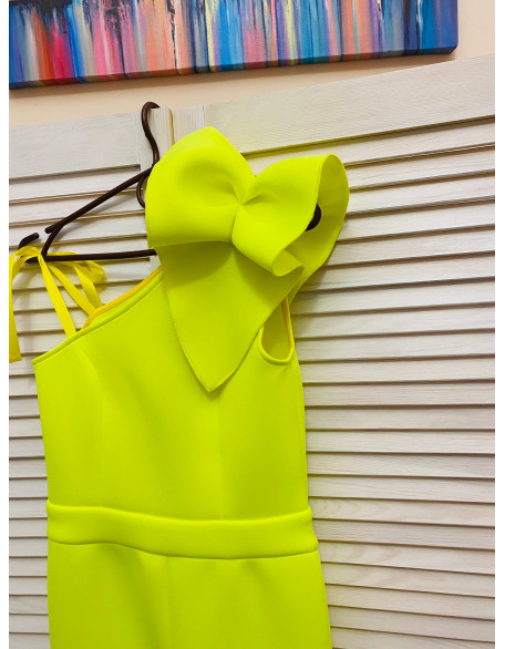 Bright neon yellow girl neoprene jumpsuit with ruffle/ Casual romper/ Girls casual wear/ Ruffles romper/ Custom pageant outfit