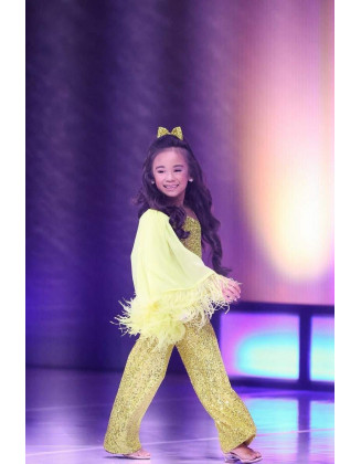 Yellow sequins pageant one sleeve girls jumpsuit with feathers/ Girls pageant runway outfit/ Custom pageant outfit