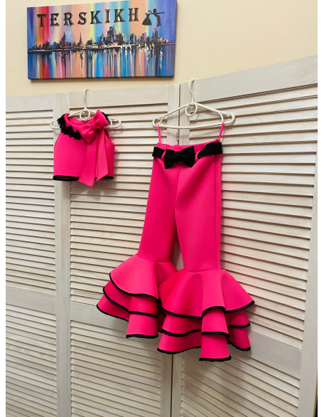 Hot pink neoprene/ scuba girls suit with top and pants and black trim/ Girls casual outfit/ Interview outfit/ Custom pageant suit