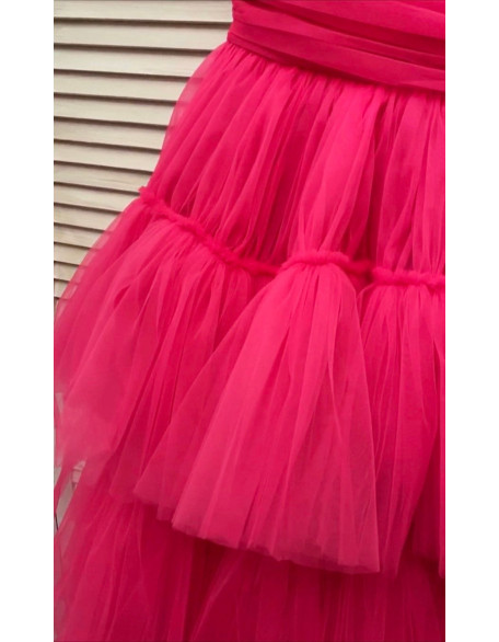 Hot pink tulle high low one shoulder girls dress/ Fun fashion dress/ Runway dress/ Custom pageant dresses