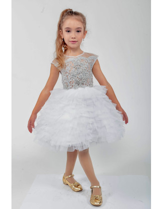 White Silver Pageant cocktail dress/ Tulle ruffles glitter lace girl dress/ First Birthday Dress/ Flower girl dress/ Wedding dress