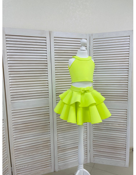 Neon lime yellow neoprene/ scuba girls suit with top and shorts with ruffles/ Girls casual outfit/ Toddler suit/ Custom pageant suit