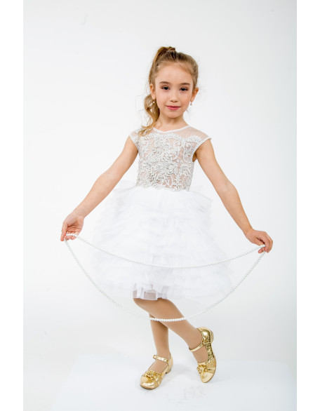 White Silver Pageant cocktail dress/ Tulle ruffles glitter lace girl dress/ First Birthday Dress/ Flower girl dress/ Wedding dress