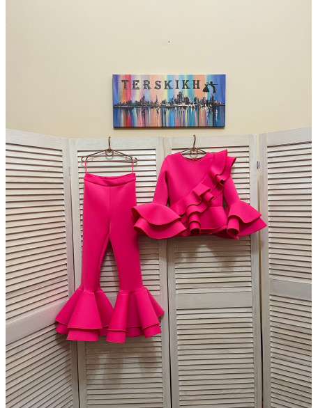 Hot pink neoprene/ scuba girls suit with top and pants with ruffles/ Girls casual outfit/ Interview outfit/ Custom pageant suit