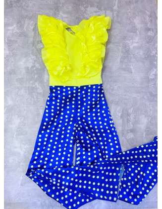 Hot yellow girl jumpsuit with ruffle and royal blue polka dots pants/ Casual romper/ Girls casual wear/ Ruffles romper/ Custom pageant wear