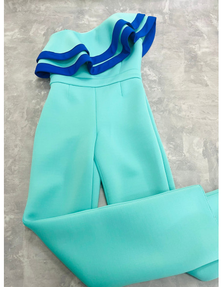 Mint turquoise girl neoprene jumpsuit with ruffles and royal blue trim/ Casual romper/ Girls casual wear/ Ruffles romper/ Custom outfit