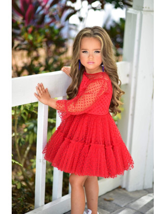 Red polka dots tulle girl pageant cocktail dress with sleeves/ Pageant outfit/ Cocktail dress/  Custom pageant dresses