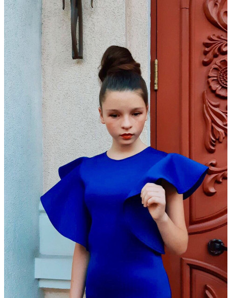 Royal blue girl neoprene scuba dress with ruffle sleeves/ Interview dress/ Girls casual wear/ Ruffles dress/ Custom pageant outfit