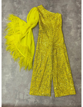 Yellow sequins pageant one sleeve girls jumpsuit with feathers/ Girls pageant runway outfit/ Custom pageant outfit