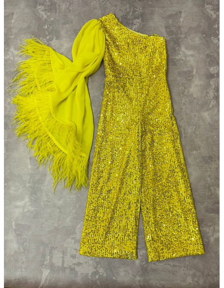 Yellow sequins pageant one sleeve girls jumpsuit with feathers/ Girls pageant runway outfit/ Custom pageant outfit