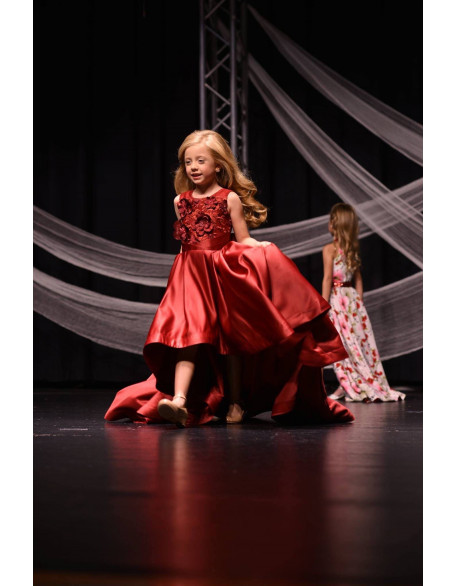 Burgundy pageant high low dress with long train /Fun fashion pageant outfit / Dark red satin dress with train / Custom girls pageant  dress