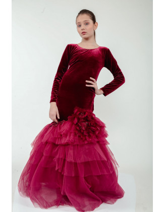 Burgundy pageant velvet long sleeves girl dress/ Tulle mermaid dress/ Teens floor length dress/ Prom Wedding Birthday dress/ Custom outfit