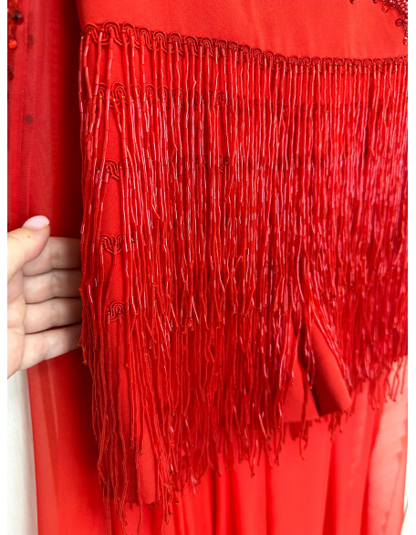 Bright red beaded fringes pageant fun fashion outfit with chiffon cape and one sleeve/ Girls teens custom pageant rhinestones runway outfit