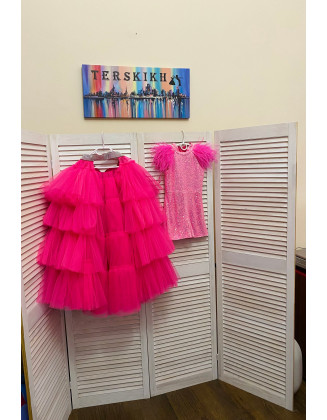 Hot pink pageant fun fashion outfit with sequins romper and tulle train/ Girls teens pageant outfit/ Runway outfit/ Custom pageant dresses