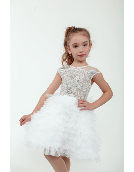 White Silver Pageant cocktail dress/ Tulle ruffles glitter lace girl dress/ First Birthday Dress/ Flower girl dress/ Wedding dress