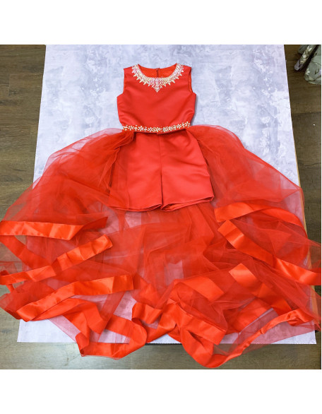 Red pageant fun fashion outfit with train and romper/ Teens pageant outfit/ High low outfit/ Runway outfit/ Custom pageant dresses