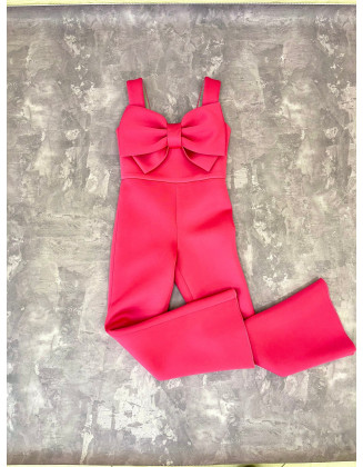 Hot coral girls casual neoprene scuba  jumpsuit with big bow/ Casual romper/ Girls casual wear/ Custom pageant outfit