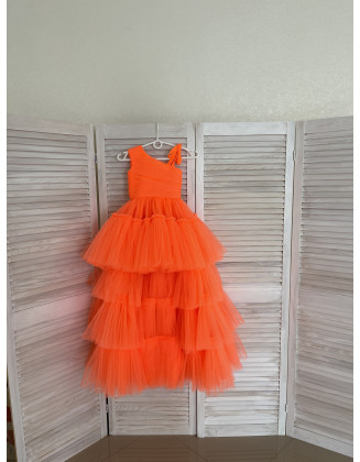 Hot orange tulle high low one shoulder girls dress/ Fun fashion dress/ Runway dress/ Custom pageant dresses