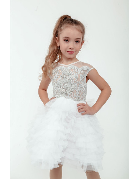 White Silver Pageant cocktail dress/ Tulle ruffles glitter lace girl dress/ First Birthday Dress/ Flower girl dress/ Wedding dress