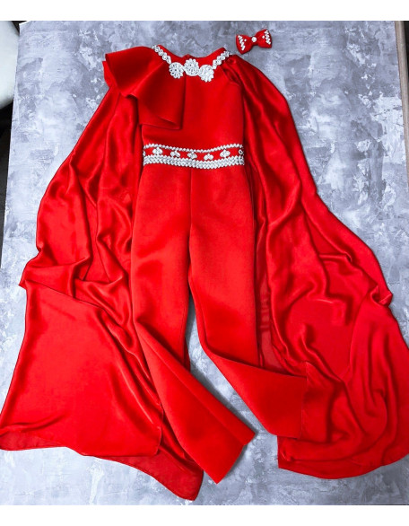 Red pageant fun fashion outfit with cape and neoprene romper/ Scuba outfit/ Runway jumpsuit/ Custom pageant dress