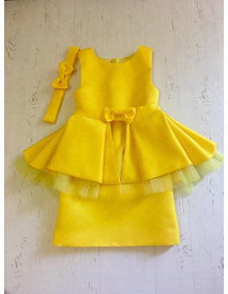 Yellow pageant interview dress with peplum and belt/ Peplum dress/ Girl Interview outfit/ Baby Toddler dress/ Custom pageant outfits