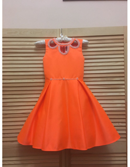 Neon orange pageant interview cocktail dress with beaded neckline/ Knee length dress/ Girl Interview outfit/ Custom pageant dresses