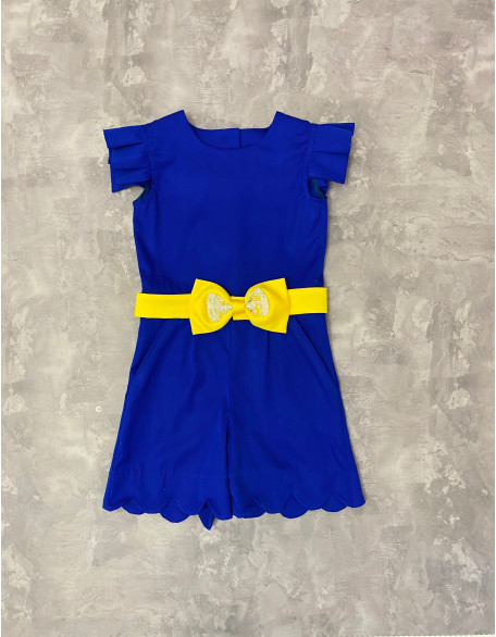 Royal blue girls pageant romper with three bow belts and scrolled bottom/ Girls casual outfit/ Pageant casual wear/ Custom pageant outfit