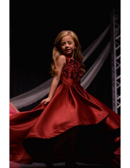 Burgundy pageant high low dress with long train /Fun fashion pageant outfit / Dark red satin dress with train / Custom girls pageant  dress