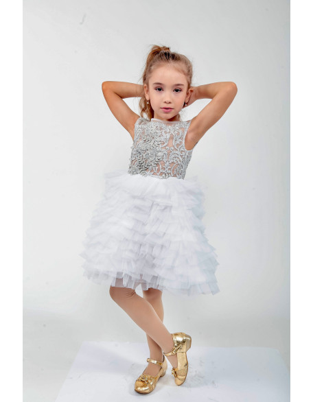 White Silver Pageant cocktail dress/ Tulle ruffles glitter lace girl dress/ First Birthday Dress/ Flower girl dress/ Wedding dress