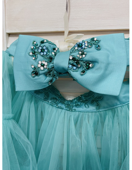 Turquoise  pageant fun fashion outfit with stoned dress and tulle train/ Girls teens pageant outfit/ Runway outfit/ Custom pageant dresses