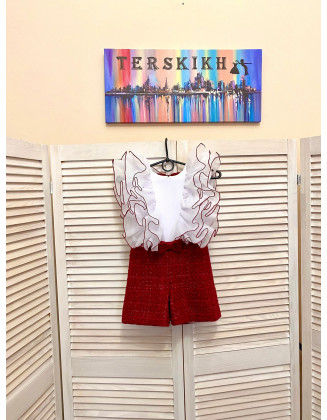 Red tweed girls pageant romper with white organza ruffles/ Girls casual outfit/ Pageant casual wear/ Custom pageant outfit