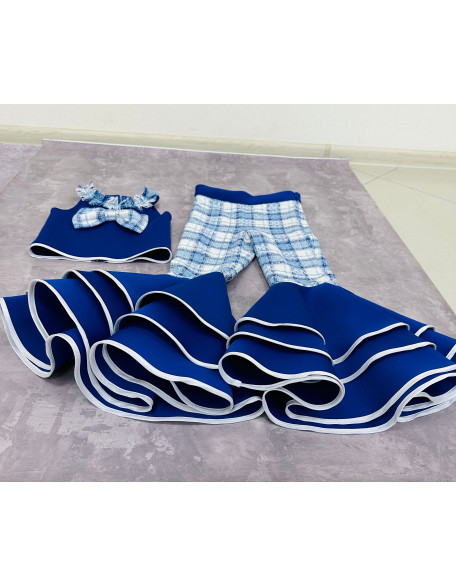 Royal blue and white tweed checkered pageant suit with top and bell bottom ruffles pants/ Pageant casual wear/ Custom pageant outfit