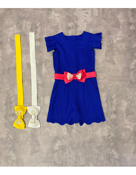 Royal blue girls pageant romper with three bow belts and scrolled bottom/ Girls casual outfit/ Pageant casual wear/ Custom pageant outfit