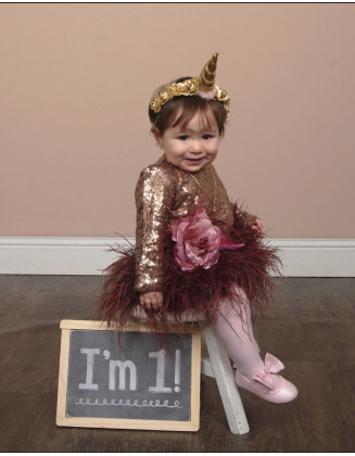 Gold sequins long sleeves girl dress/ First Birthday outfit/ Feathers dress/ Boho dress/ Toddler infants dress/ Custom dress