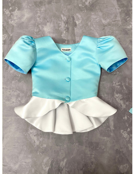 Blue Mint white satin girls suit with jacket and skirt/ Peplum jacket/ Girls interview outfit/ Custom pageant suit