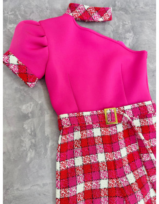 Pink, red and white checkered tweed girls pageant jumpsuit with one sleeve/ Interview outfit/ Pageant casual wear/ Custom pageant outfit