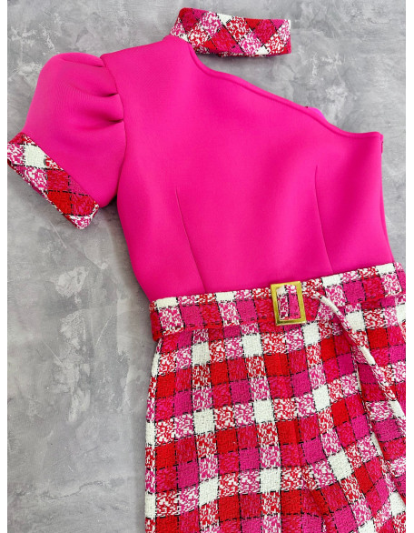 Pink, red and white checkered tweed girls pageant jumpsuit with one sleeve/ Interview outfit/ Pageant casual wear/ Custom pageant outfit