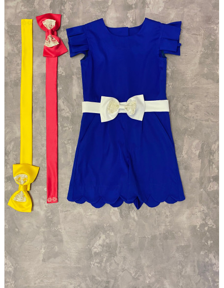 Royal blue girls pageant romper with three bow belts and scrolled bottom/ Girls casual outfit/ Pageant casual wear/ Custom pageant outfit