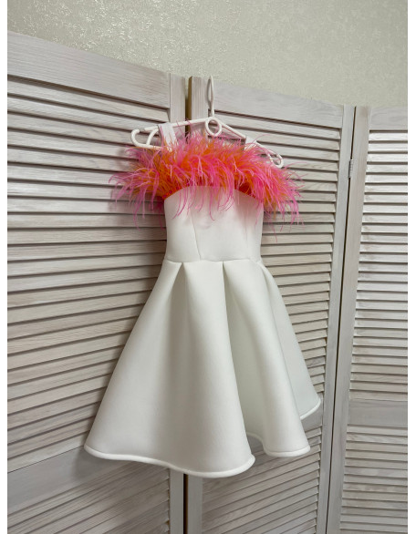 White girl neoprene scuba dress with orange and pink feathers/Girls pageant wear/ Cocktail feathers dress/ Custom pageant outfit