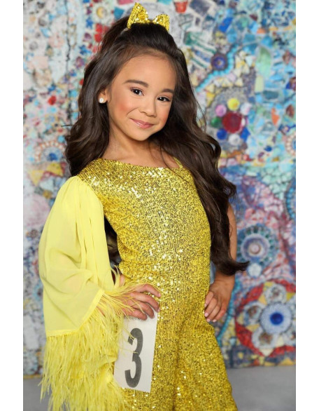 Yellow sequins pageant one sleeve girls jumpsuit with feathers/ Girls pageant runway outfit/ Custom pageant outfit